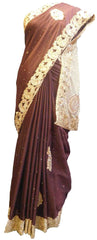 SMSAREE Coffee Brown Designer Wedding Partywear Crepe (Rangoli) Zari & Stone Hand Embroidery Work Bridal Saree Sari With Blouse Piece E908