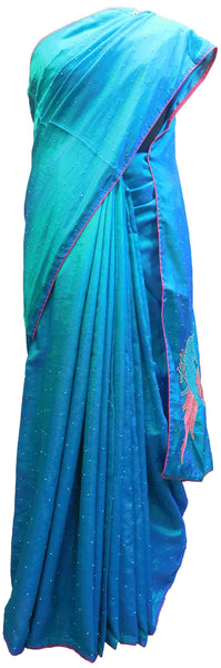 SMSAREE Turquoise Designer Wedding Partywear Silk Thread Pearl & Stone Hand Embroidery Work Bridal Saree Sari With Blouse Piece E941