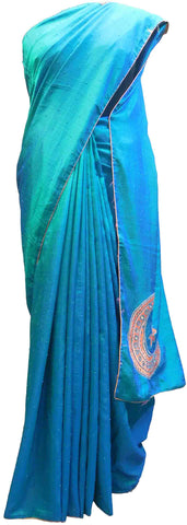 SMSAREE Turquoise Designer Wedding Partywear Silk Thread Pearl & Mirror Hand Embroidery Work Bridal Saree Sari With Blouse Piece E942