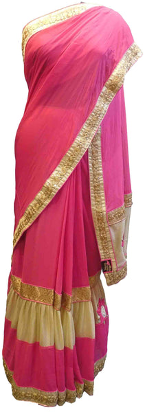 SMSAREE Pink Designer Wedding Partywear Chiffon Thread Zari Pearl & Stone Hand Embroidery Work Bridal Saree Sari With Blouse Piece E945