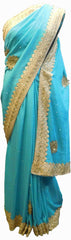 SMSAREE Blue Designer Wedding Partywear Silk Thread Pearl & Stone Hand Embroidery Work Bridal Saree Sari With Blouse Piece E949