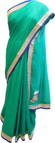 SMSAREE Turquoise Designer Wedding Partywear Chiffon Zari Thread Gota Beads & Stone Hand Embroidery Work Bridal Saree Sari With Blouse Piece E952