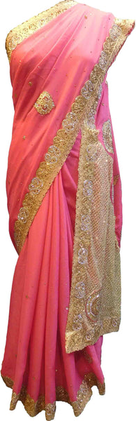 SMSAREE Pink Designer Wedding Partywear Crepe (Rangoli) Zari & Stone Hand Embroidery Work Bridal Saree Sari With Blouse Piece E958