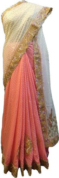 SMSAREE Cream Pink Designer Wedding Partywear Georgette Zari Pearl & Stone Hand Embroidery Work Bridal Saree Sari With Blouse Piece F009