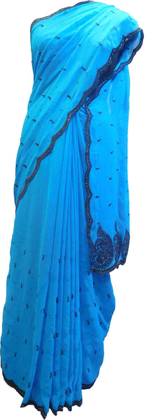 SMSAREE Blue Designer Wedding Partywear Georgette Thread & Stone Hand Embroidery Work Bridal Saree Sari With Blouse Piece F044