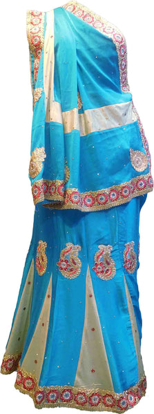 SMSAREE Blue & Gold Designer Wedding Partywear Lahenga Style Georgette Stone Thread & Zari Hand Embroidery Work Bridal Saree Sari With Blouse Piece F080