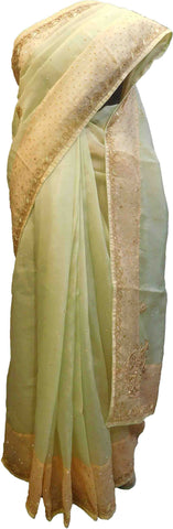 SMSAREE Beige & Peach Designer Wedding Partywear Organza Stone Thread & Beads Hand Embroidery Work Bridal Saree Sari With Blouse Piece F092