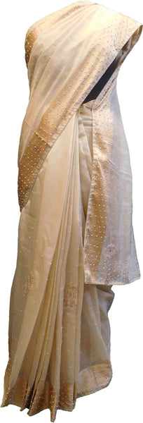 SMSAREE Beige Designer Wedding Partywear Silk Stone Pearl & Beads Hand Embroidery Work Bridal Saree Sari With Blouse Piece F093