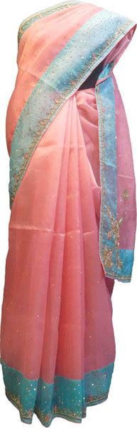 SMSAREE Pink & Turquoise Designer Wedding Partywear Organza Stone Thread & Beads Hand Embroidery Work Bridal Saree Sari With Blouse Piece F098