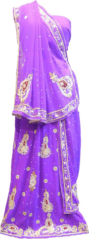 SMSAREE Purple Designer Wedding Partywear Georgette Cutdana Zari Beads & Stone Hand Embroidery Work Bridal Lahenga Dupatta Ghaghra Choli Bari Ki Til With Blouse Piece F107