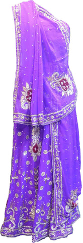 SMSAREE Purple Designer Wedding Partywear Georgette Cutdana Zari Beads & Stone Hand Embroidery Work Bridal Lahenga Dupatta Ghaghra Choli Bari Ki Til With Blouse Piece F108
