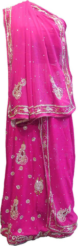 SMSAREE Pink Designer Wedding Partywear Georgette Cutdana Zari Beads & Stone Hand Embroidery Work Bridal Lahenga Dupatta Ghaghra Choli Bari Ki Til With Blouse Piece F109