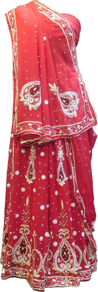 SMSAREE Red Designer Wedding Partywear Georgette Cutdana Zari Beads & Stone Hand Embroidery Work Bridal Lahenga Dupatta Ghaghra Choli Bari Ki Til With Blouse Piece F115