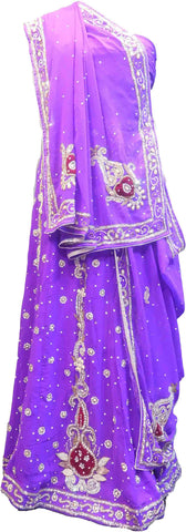 SMSAREE Purple Designer Wedding Partywear Georgette Cutdana Zari Beads & Stone Hand Embroidery Work Bridal Lahenga Dupatta Ghaghra Choli Bari Ki Til With Blouse Piece F118