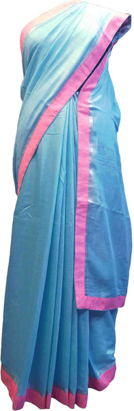 SMSAREE Blue Designer Wedding Partywear Handloom Linen Thread & Zari Hand Embroidery Work Bridal Saree Sari With Blouse Piece F125