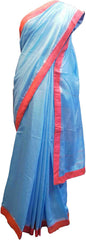 SMSAREE Blue Designer Wedding Partywear Handloom Linen Thread & Zari Hand Embroidery Work Bridal Saree Sari With Blouse Piece F126