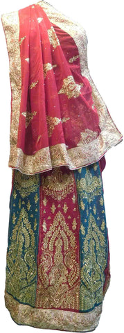 SMSAREE Red & Green Designer Wedding Partywear Georgette Cutdana Zari Thread & Stone Hand Embroidery Work Bridal Saree Sari With Blouse Piece F148