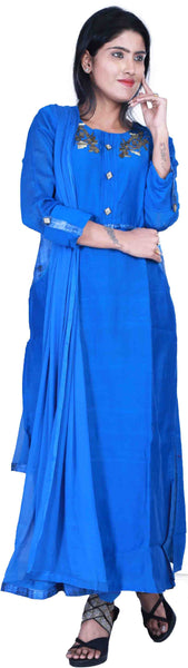 SMSAREE Blue Designer Casual Partywear Muslin Silk StoneZari & Cutdana Hand Embroidery Work Stylish Women Kurti Kurta With Free Matching Leggings F160