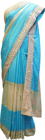 SMSAREE Blue & Cream Designer Wedding Partywear Silk Zari Thread & Stone Hand Embroidery Work Bridal Saree Sari With Blouse Piece F168
