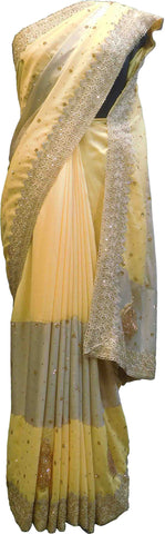 SMSAREE Yellow & Cream Designer Wedding Partywear Silk Zari Thread & Stone Hand Embroidery Work Bridal Saree Sari With Blouse Piece F169
