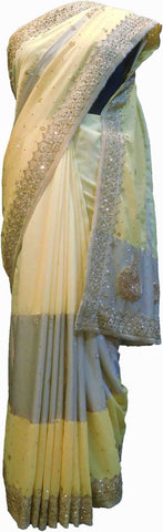 SMSAREE Yellow & Cream Designer Wedding Partywear Georgette Cutdana Zari Thread & Stone Hand Embroidery Work Bridal Saree Sari With Blouse Piece F177