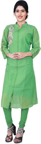 SMSAREE Green Designer Casual Partywear Cotton (Chanderi) Gota & Zari Hand Embroidery Work Stylish Women Kurti Kurta With Free Matching Leggings F183