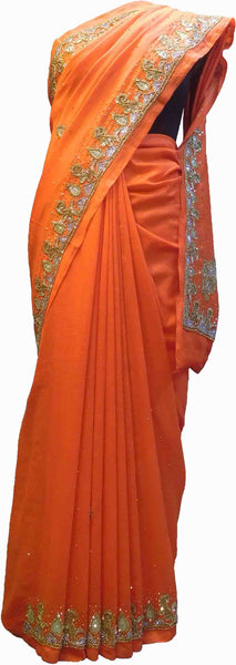 SMSAREE Orange Designer Wedding Partywear Silk (Vichitra) Zari Cutdana Thread Beads & Stone Hand Embroidery Work Bridal Saree Sari With Blouse Piece F185