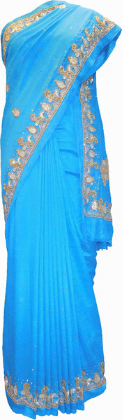 SMSAREE Blue Designer Wedding Partywear Silk (Vichitra) Zari Cutdana Thread Beads & Stone Hand Embroidery Work Bridal Saree Sari With Blouse Piece F187