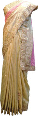 SMSAREE Pink & Cream Designer Wedding Partywear Brasso & Net Zari Thread Pearl & Stone Hand Embroidery Work Bridal Saree Sari With Blouse Piece F200