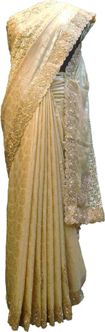 SMSAREE Cream Designer Wedding Partywear Brasso & Net Zari Thread Pearl & Stone Hand Embroidery Work Bridal Saree Sari With Blouse Piece F203