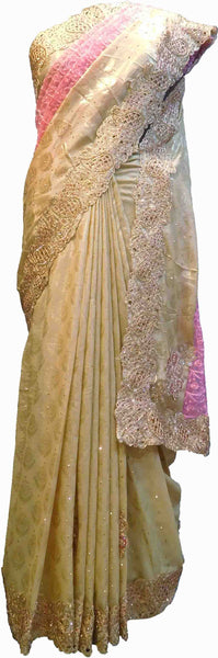 SMSAREE Pink & Cream Designer Wedding Partywear Brasso & Net Zari Thread Pearl & Stone Hand Embroidery Work Bridal Saree Sari With Blouse Piece F205