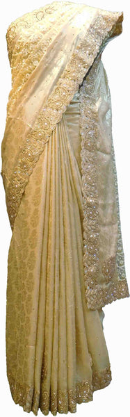 SMSAREE Pink & Cream Designer Wedding Partywear Brasso & Net Zari Thread Pearl & Stone Hand Embroidery Work Bridal Saree Sari With Blouse Piece F206