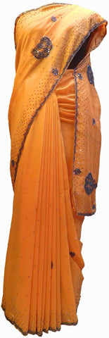 SMSAREE Peach Designer Wedding Partywear Crepe (Rangoli) Stone Beads & Mirror Hand Embroidery Work Bridal Saree Sari With Blouse Piece F208