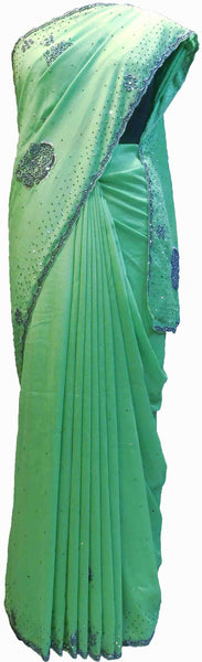 SMSAREE Green Designer Wedding Partywear Crepe (Rangoli) Stone Beads & Mirror Hand Embroidery Work Bridal Saree Sari With Blouse Piece F209