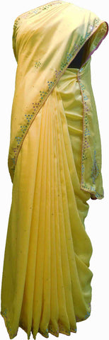 SMSAREE Yellow Designer Wedding Partywear Crepe (Rangoli) Stone Beads Thread & Mirror Hand Embroidery Work Bridal Saree Sari With Blouse Piece F213