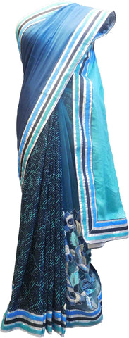 SMSAREE Turquoise & Blue Designer Wedding Partywear Pure Georgette & Net Stone Beads Zari Sequence & Bullion Hand Embroidery Work Bridal Saree Sari With Blouse Piece F222