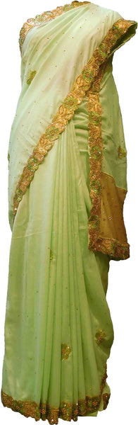 SMSAREE Green Designer Wedding Partywear Crepe (Rangoli) Stone Thread & Zari Hand Embroidery Work Bridal Saree Sari With Blouse Piece F228