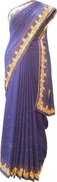 SMSAREE Blue Designer Wedding Partywear Georgette Stone Bullion & Beads Hand Embroidery Work Bridal Saree Sari With Blouse Piece F234
