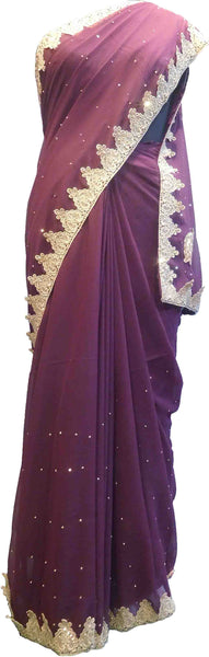 SMSAREE Coffee Brown Designer Wedding Partywear Silk (Vichitra) Stone Thread & Zari Hand Embroidery Work Bridal Saree Sari With Blouse Piece F241