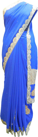 SMSAREE Blue & Golden Designer Wedding Partywear Georgette Stone Pearl & Zari Hand Embroidery Work Bridal Saree Sari With Blouse Piece F243