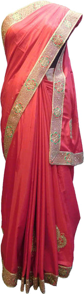 SMSAREE Pink Designer Wedding Partywear Silk Stone Thread & Zari Hand Embroidery Work Bridal Saree Sari With Blouse Piece F244