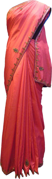 SMSAREE Pink Designer Wedding Partywear Satin (Silk) Stone Thread & Cutdana Hand Embroidery Work Bridal Saree Sari With Blouse Piece F253
