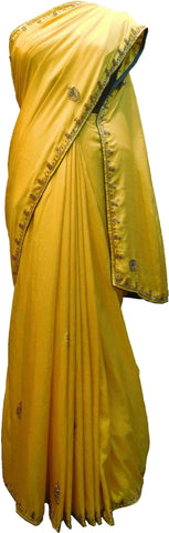 SMSAREE Yellow Designer Wedding Partywear Satin (Silk) Stone Thread & Cutdana Hand Embroidery Work Bridal Saree Sari With Blouse Piece F255