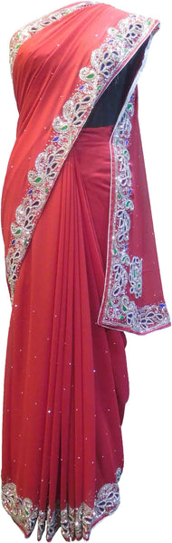 SMSAREE Red Designer Wedding Partywear Georgette Stone Thread & Cutdana Hand Embroidery Work Bridal Saree Sari With Blouse Piece F260