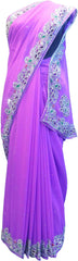 SMSAREE Purple Designer Wedding Partywear Georgette Stone Thread & Cutdana Hand Embroidery Work Bridal Saree Sari With Blouse Piece F265