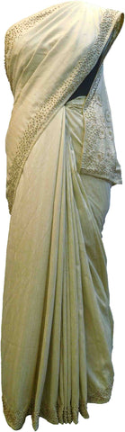SMSAREE Beige Designer Wedding Partywear Silk (Vichitra) Stone & Beads Hand Embroidery Work Bridal Saree Sari With Blouse Piece F274