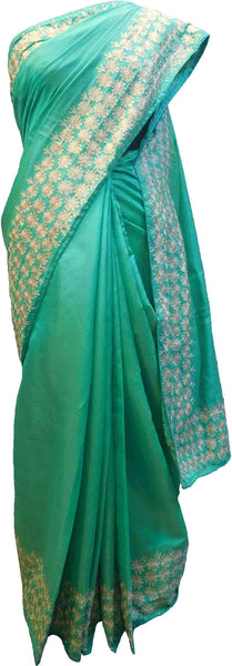 SMSAREE Green Designer Wedding Partywear Silk (Vichitra) Zari Hand Embroidery Work Bridal Saree Sari With Blouse Piece F275
