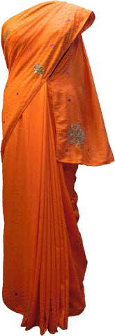SMSAREE Orange Designer Wedding Partywear Silk (Vichitra) Stone Thread Zari Beads & Cutdana Hand Embroidery Work Bridal Saree Sari With Blouse Piece F280