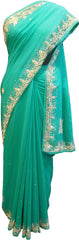 SMSAREE Turquoise Designer Wedding Partywear Georgette Stone & Bullion Hand Embroidery Work Bridal Saree Sari With Blouse Piece F344