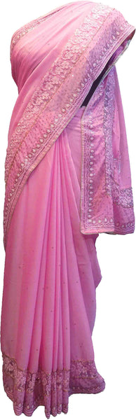 SMSAREE Pink Designer Wedding Partywear Georgette Cutdana Stone Beads & Pearl Hand Embroidery Work Bridal Saree Sari With Blouse Piece F355